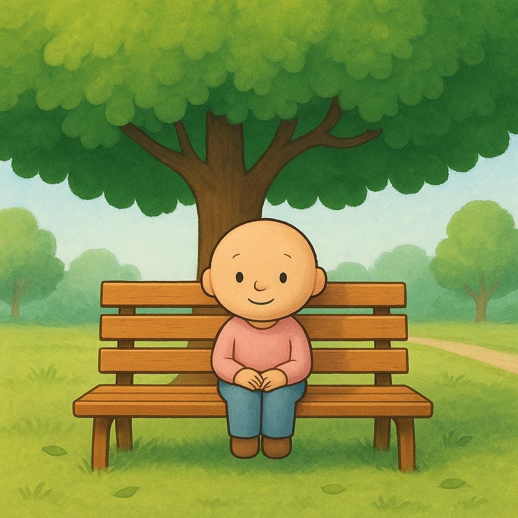 A small, content character sitting alone on a wooden park bench under a large tree, illustrating the action of staying in one place.