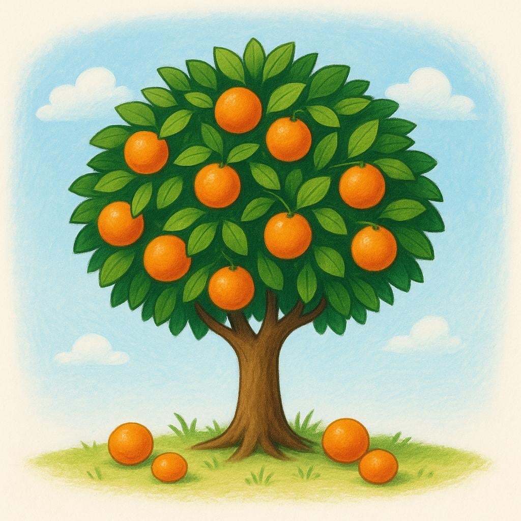 A vibrant illustration of a small orange tree bearing many ripe, round oranges, symbolizing yielding fruit.