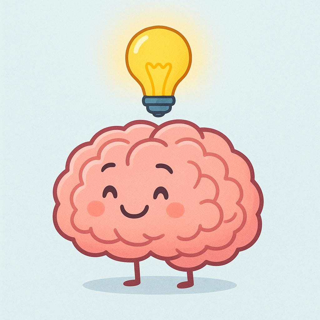 A simplified, smiling human brain figure with a bright, glowing yellow lightbulb appearing directly above it, symbolizing understanding or logical coherence.
