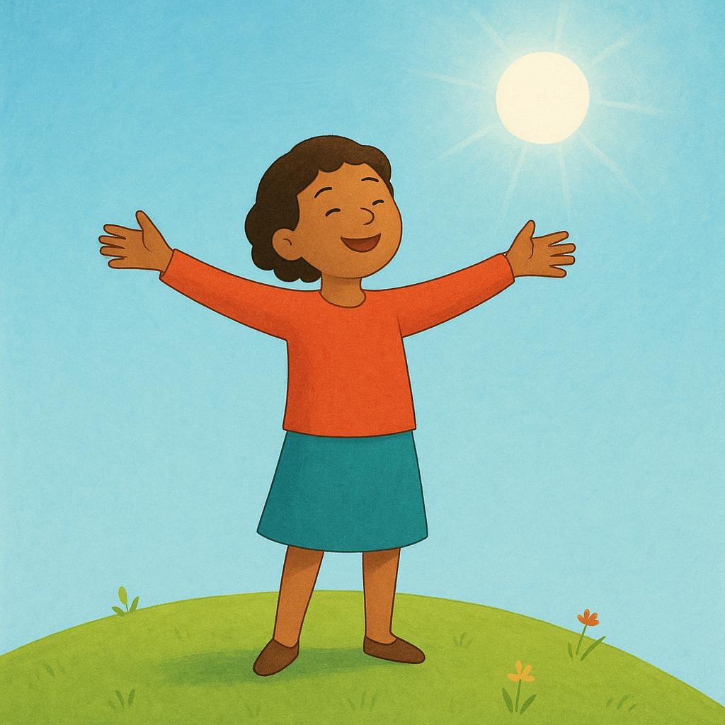 A cheerful person stands on a green hilltop under a bright sun, throwing their arms wide open in a gesture of freedom and joy.