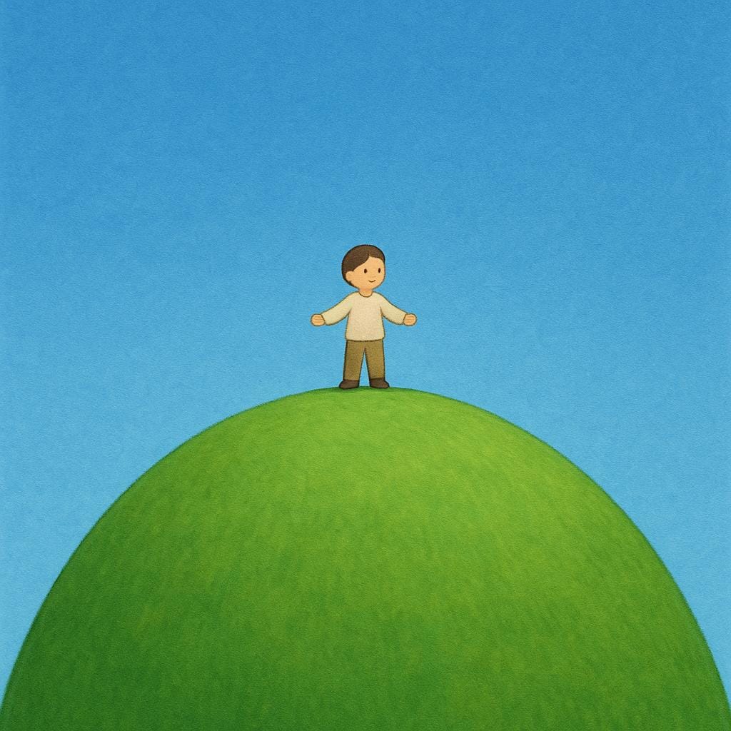 A small figure standing triumphantly at the peak of a gentle green hill under a blue sky, illustrating reaching a final state or result.