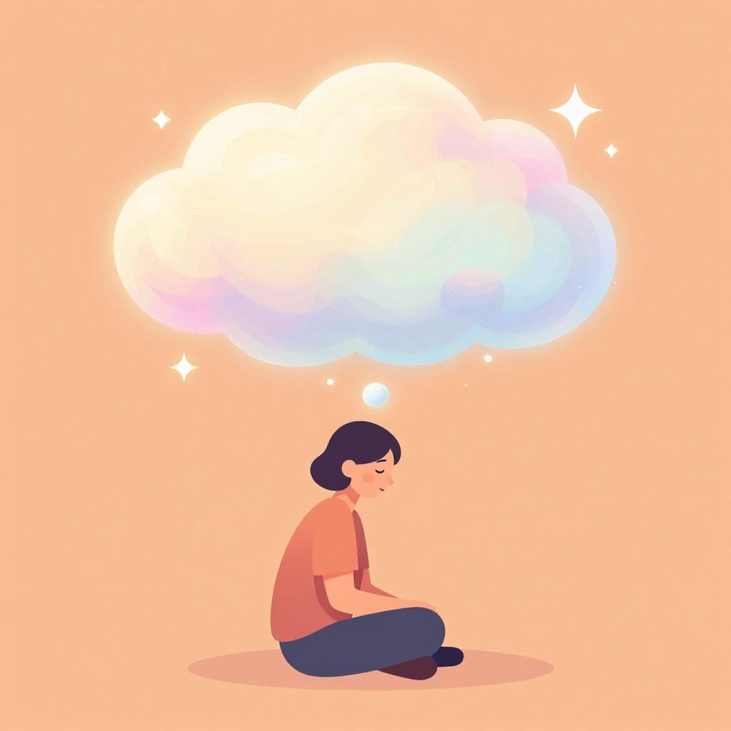 Une illustration colorée de livre d'histoires montrant une personne assise paisiblement avec un nuage lumineux et vibrant de couleurs douces au-dessus de sa tête représentant ses pensées et son état mental.