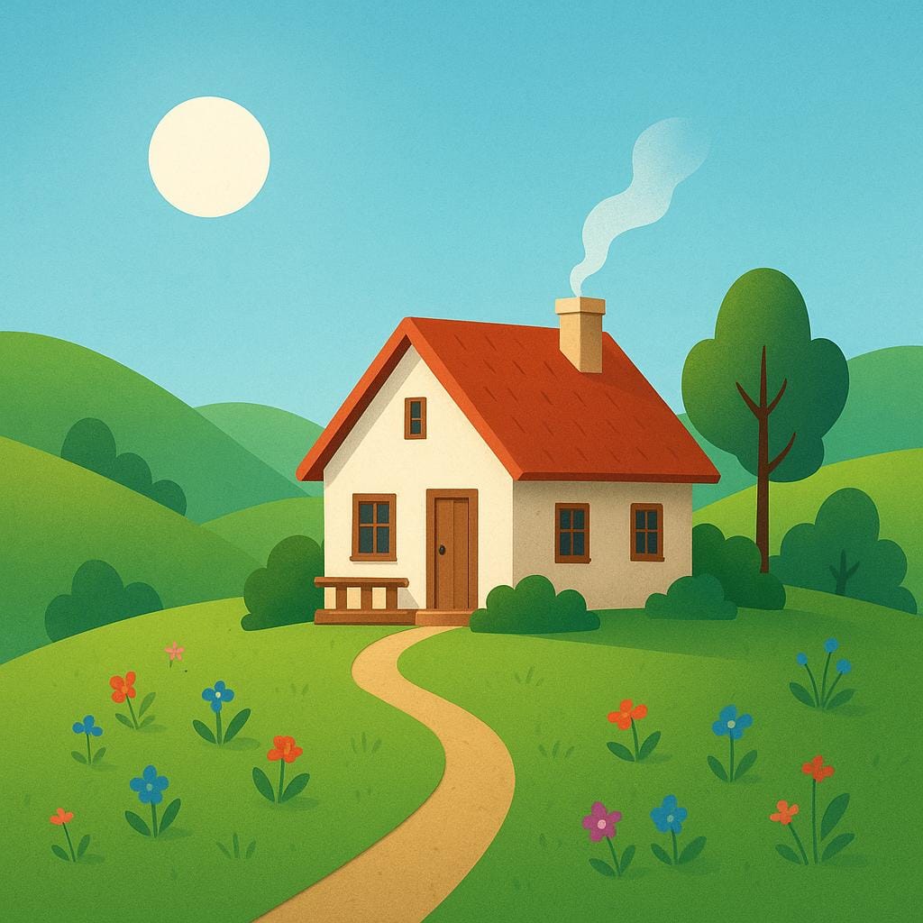 A colorful illustration of a small, welcoming farmhouse nestled among rolling green hills beneath a bright blue sky, symbolizing a homeland.