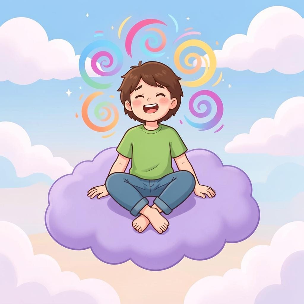 A person sitting on a fluffy cloud in a bright purple sky with stars, looking very dazed and happy.