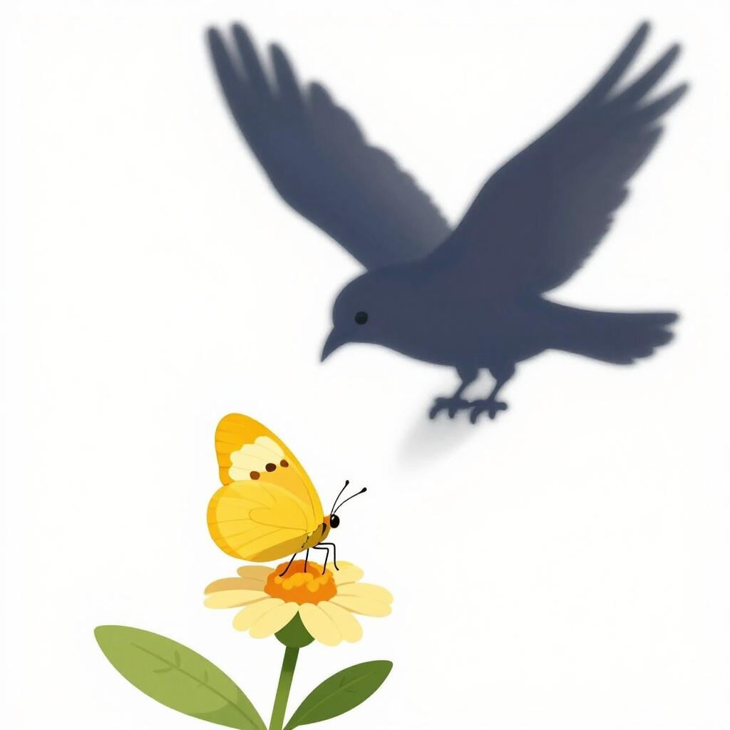 L'ombra scura di un falco che incombe su una piccola farfalla luminosa.