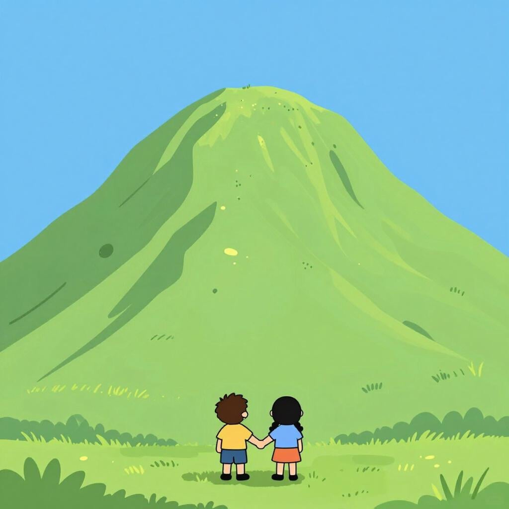 Two small children standing hand-in-hand, looking up at a very large, steep hill they are about to climb.