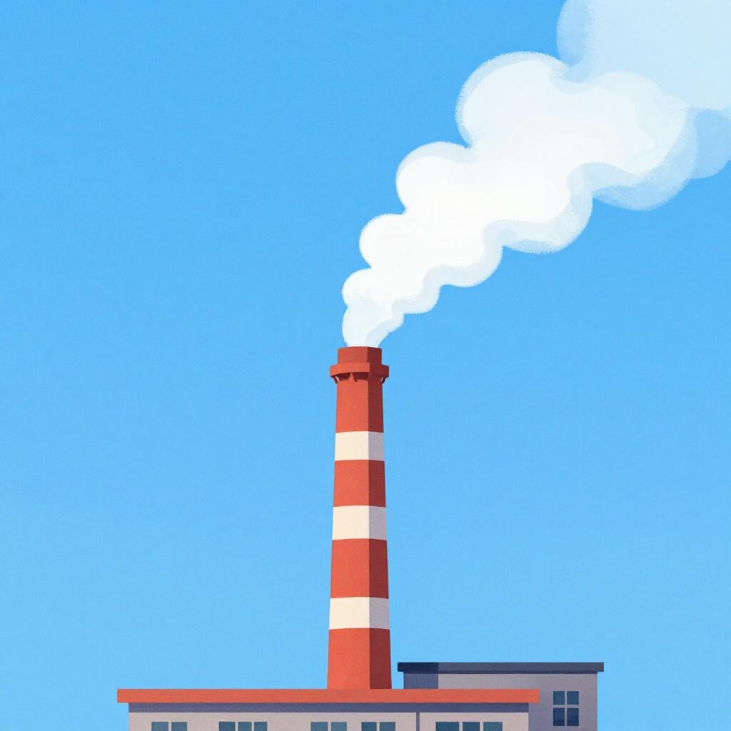 Een hoge schoorsteen die een constante stroom witte rook de blauwe lucht in blaast.