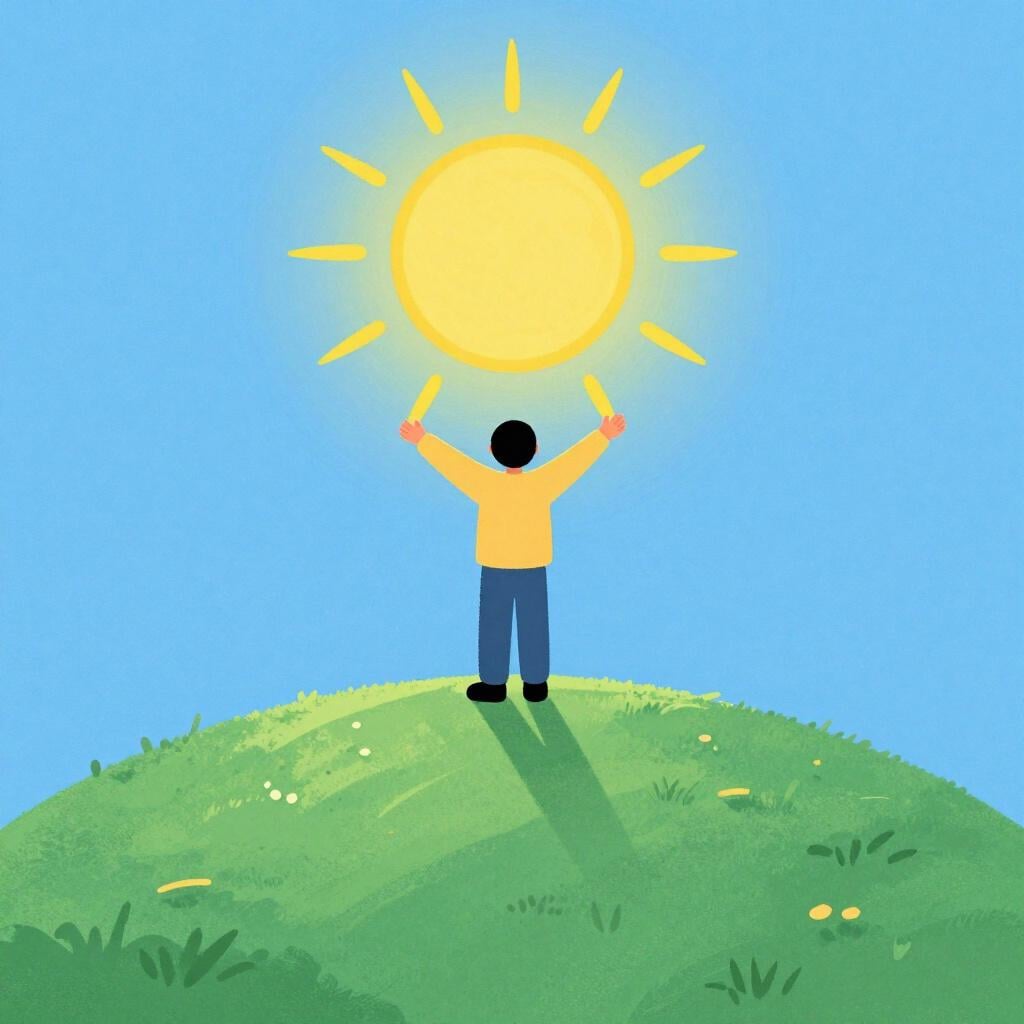 A person standing on a mountain peak with their arms open wide looking at a sunrise, representing a positive affirmation.