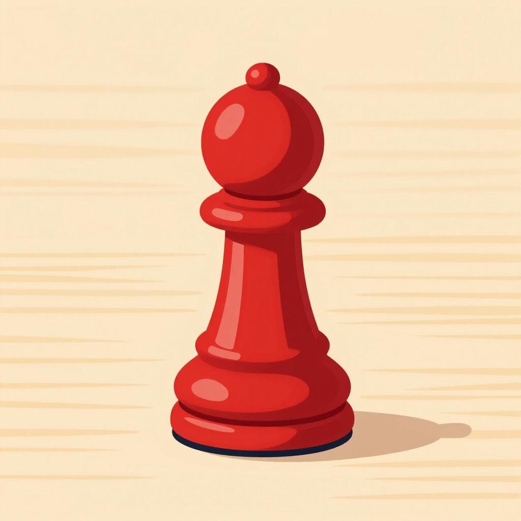 Een enkel rood bordspelstukje van hout op een houten ondergrond.