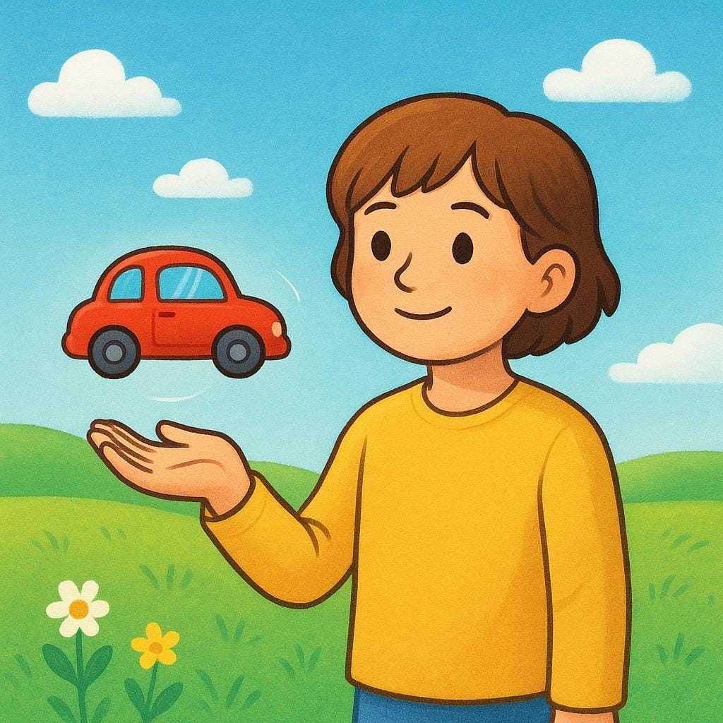 Un enfant debout dans un champ avec une main ouverte et pleine d'attente, regardant une petite voiture rouge vif flottant juste au-dessus de sa paume, symbolisant la possession future.