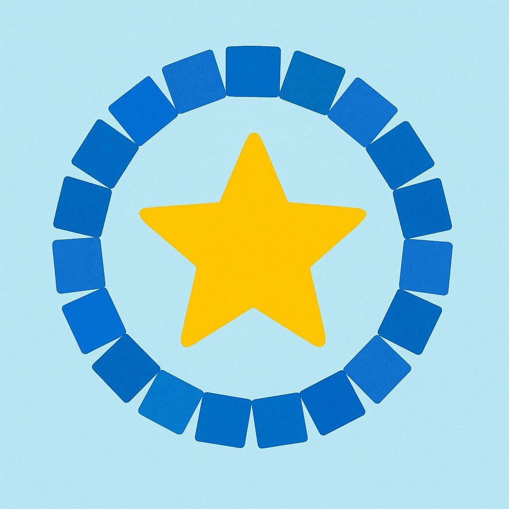 A yellow star completely enclosed by a ring of blue squares.