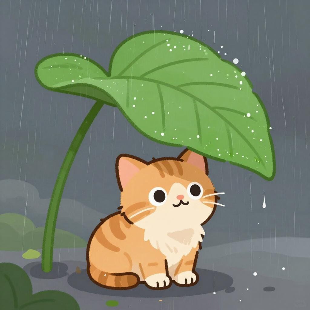 A small kitten shivering in the rain under a large leaf.