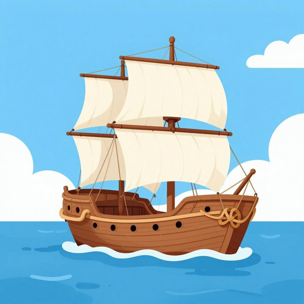 Ein großes Holzschiff wird von einem anderen Schiff geentert, wobei Seile sie auf einem hellblauen Meer verbinden.