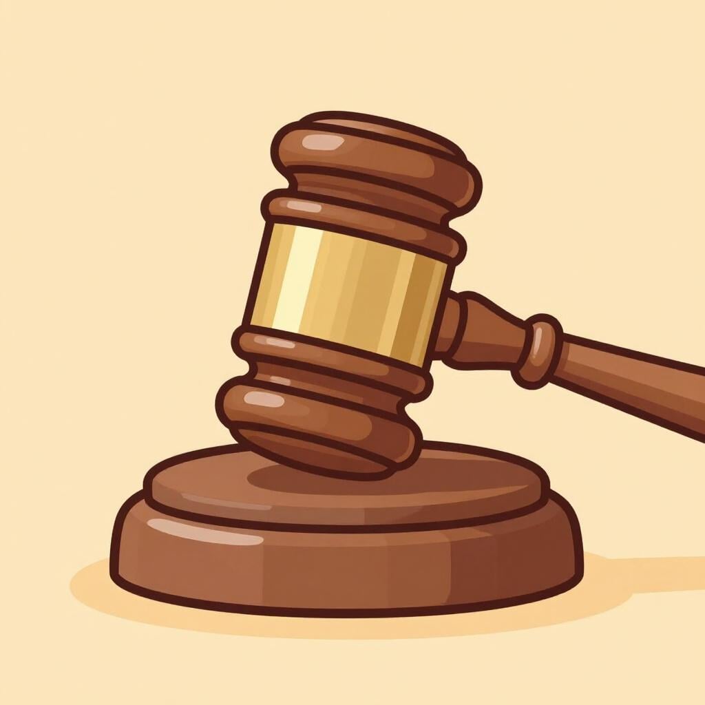 A heavy wooden gavel resting on a polished wooden block.