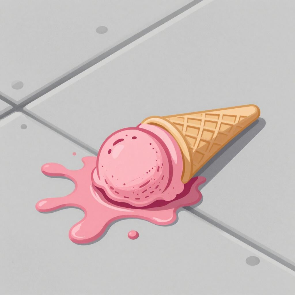 A sad-looking ice cream cone dropped upside down on the sidewalk.