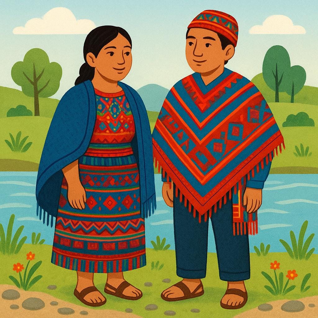 Two adults wearing traditional, brightly colored indigenous clothing standing outdoors near a riverbank.