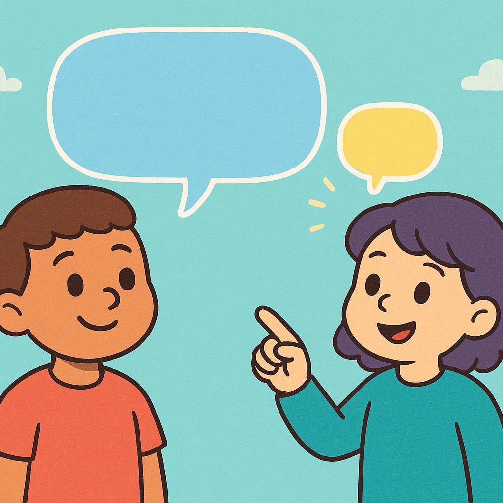 Two friendly cartoon characters are standing together. One character has a large, empty blue speech bubble above their head. The second character points and a new, smaller, empty yellow speech bubble appears next to the blue one, symbolizing adding a comment to a discussion.