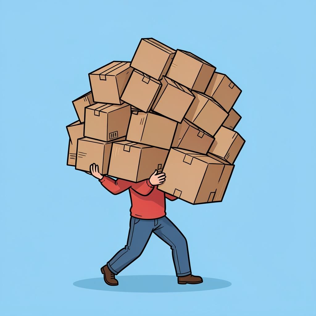 A person balancing a very large, overflowing stack of heavy boxes while trying to open a door.