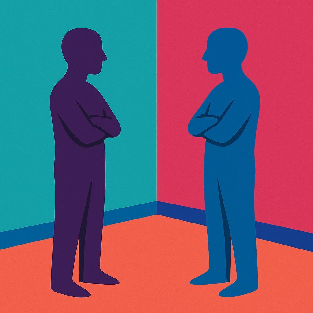 Two simplified human figures standing rigidly apart in a small room, avoiding eye contact, illustrating a tense atmosphere.