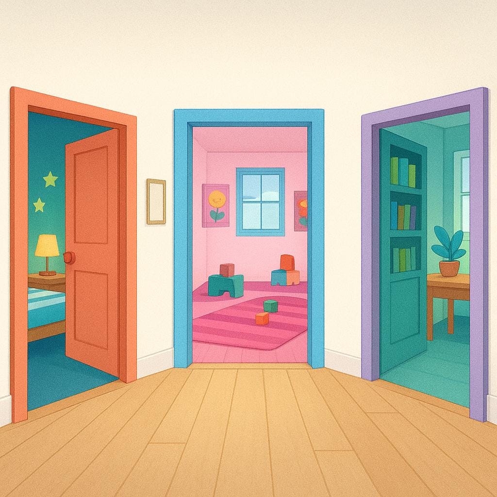 A storybook illustration showing an interior view of a hallway with three open doorways, each leading into a distinct room.