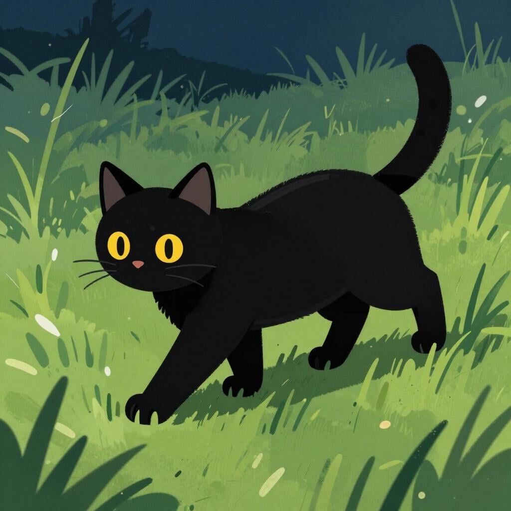 A sleek black cat with glowing eyes walking quietly through tall grass at night.