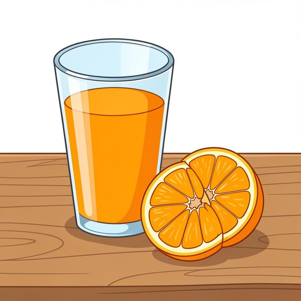 A glass of bright orange juice next to a sliced orange.