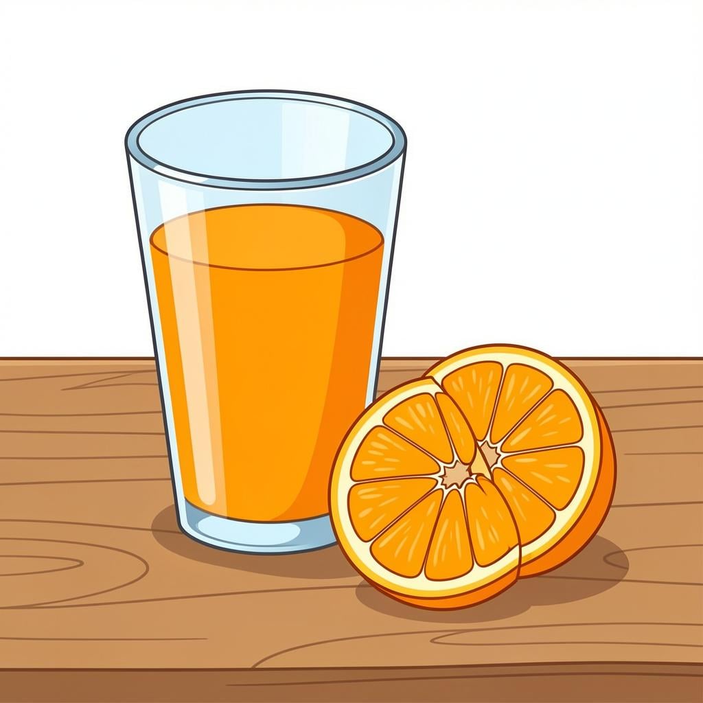 A glass of bright orange juice next to a sliced orange.