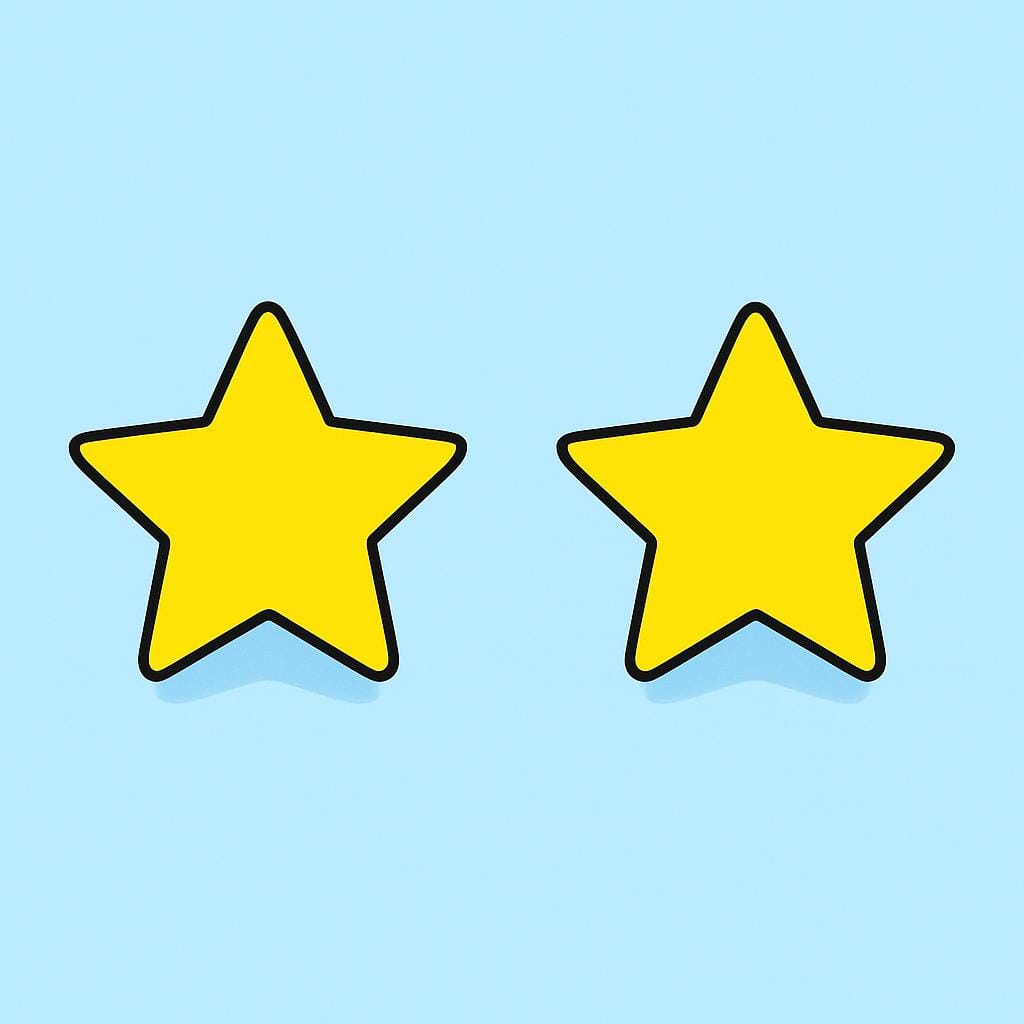 Two perfectly identical, simple bright yellow stars floating next to each other, illustrating sameness.