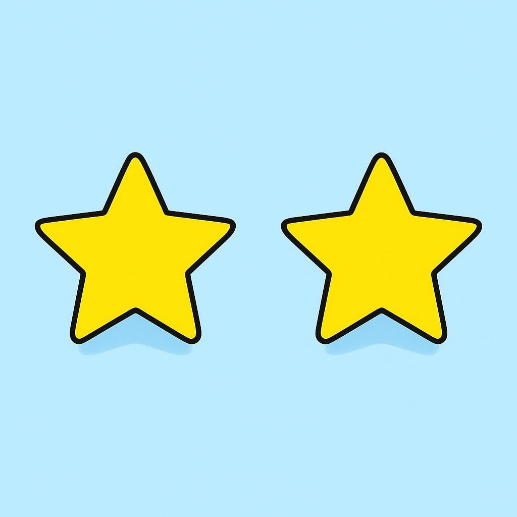 Two perfectly identical, simple bright yellow stars floating next to each other, illustrating sameness.
