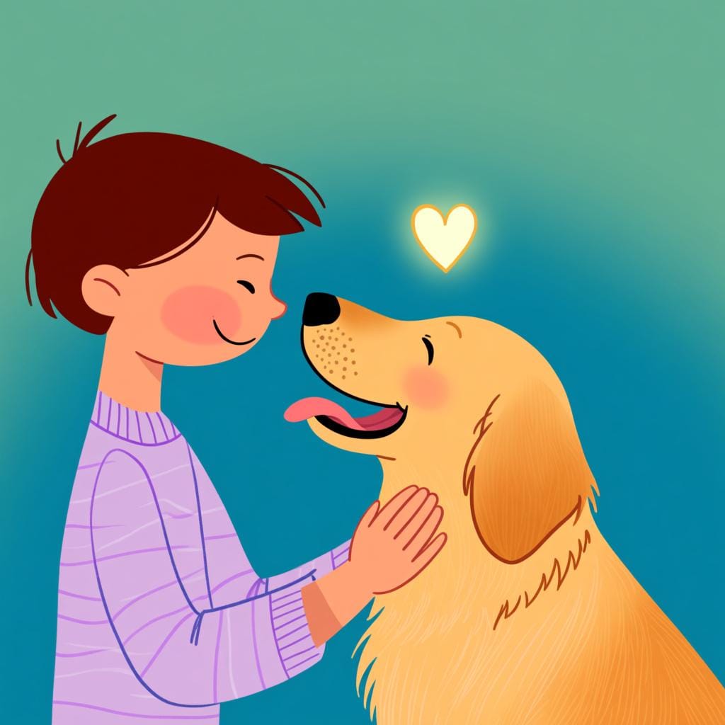 人が幸せそうな犬を優しく撫でている。人手と犬の頭の間のやり取りの上に小さな光るハートが浮かび、深い愛情を象徴している。