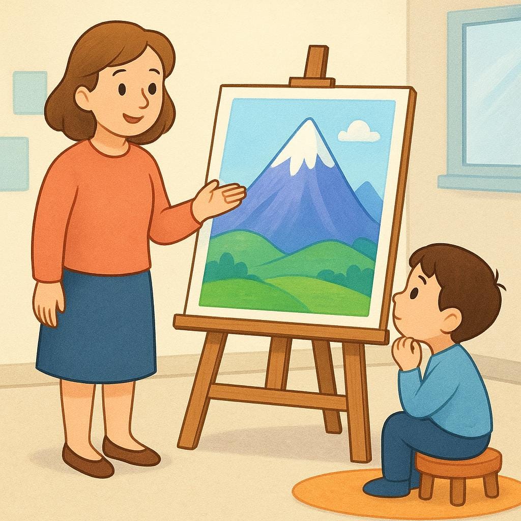 Eine einfache Lehrerin steht neben einer Staffelei, auf der eine große, farbenfrohe Illustration eines Berges zu sehen ist, während ein Schüler aufmerksam zuhört.