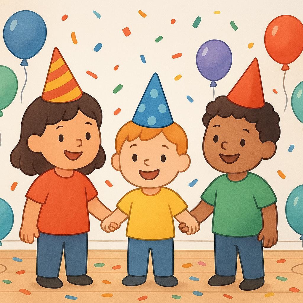 Three cheerful figures wearing cone party hats, surrounded by colorful balloons and scattered confetti.