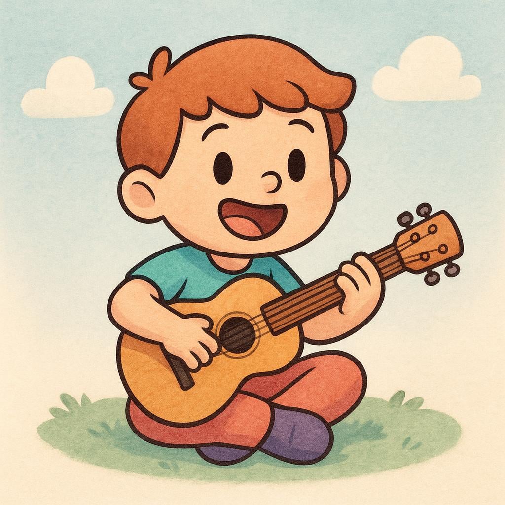 A simplified person happily playing a small acoustic guitar.