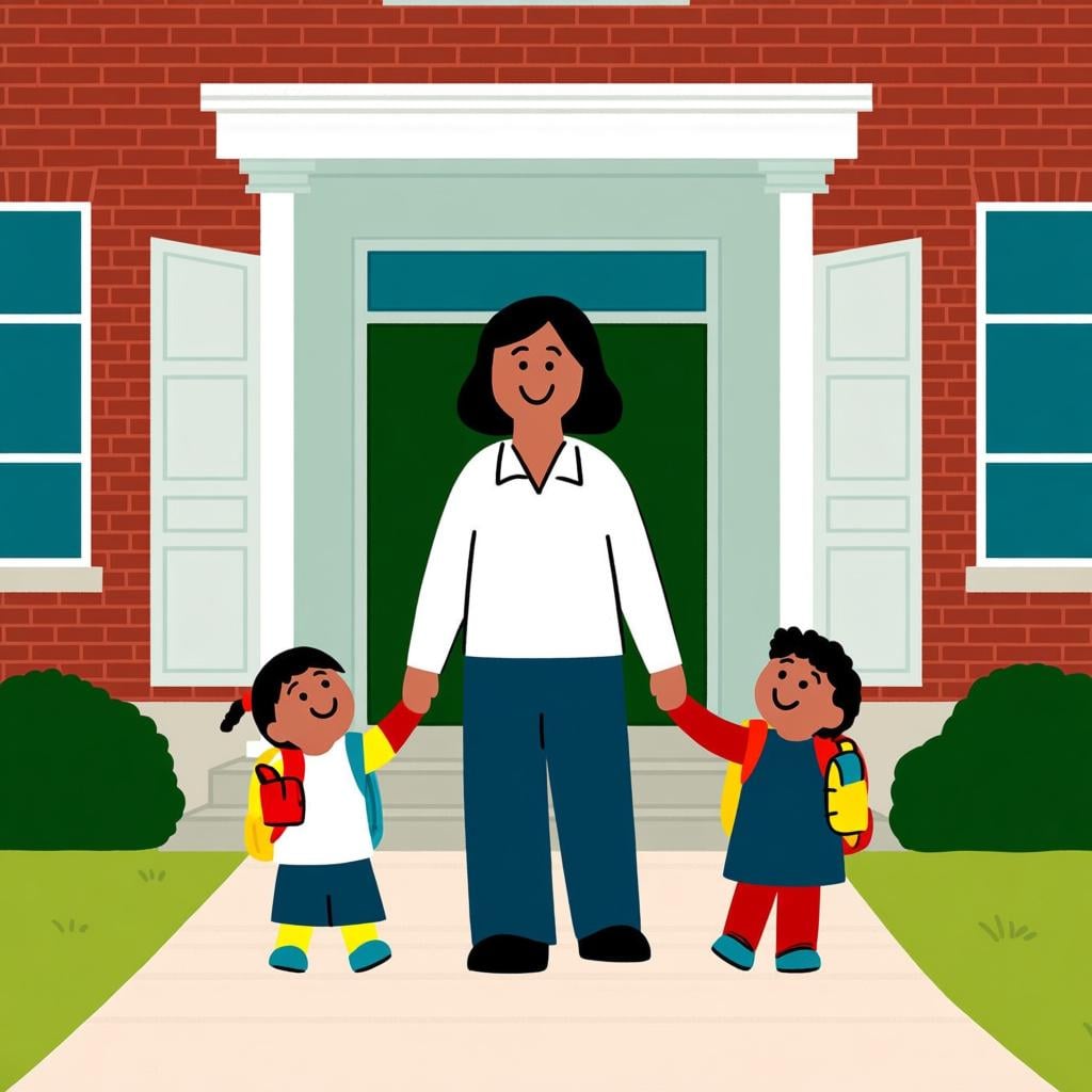 An adult smiling while holding the hands of two small children outside a recognizable school building, symbolizing collection.
