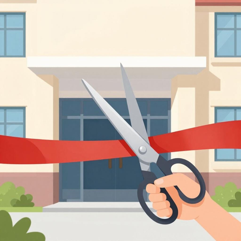 A formal ceremony where a person cuts a wide red ribbon with large scissors in front of a new building.