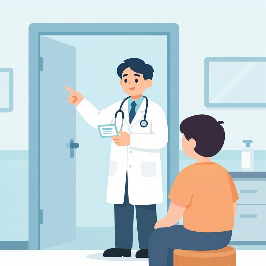 A friendly family doctor handing a small business card with a medical symbol to a patient, pointing them toward a doorway.