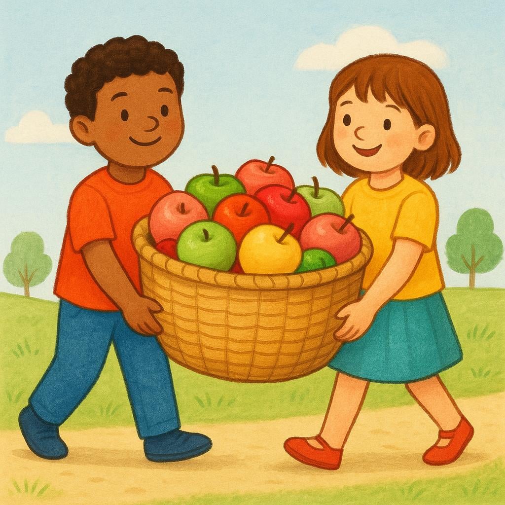 Two figures, a boy and a girl, carrying a large, heavy basket filled with colorful apples between them.