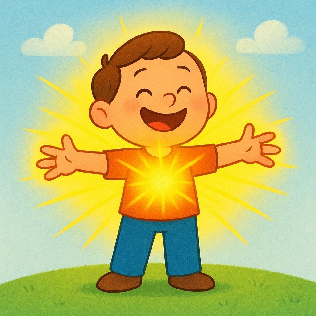 A cheerful cartoon character standing happily with arms outstretched, radiating bright yellow light, symbolizing a good attitude.