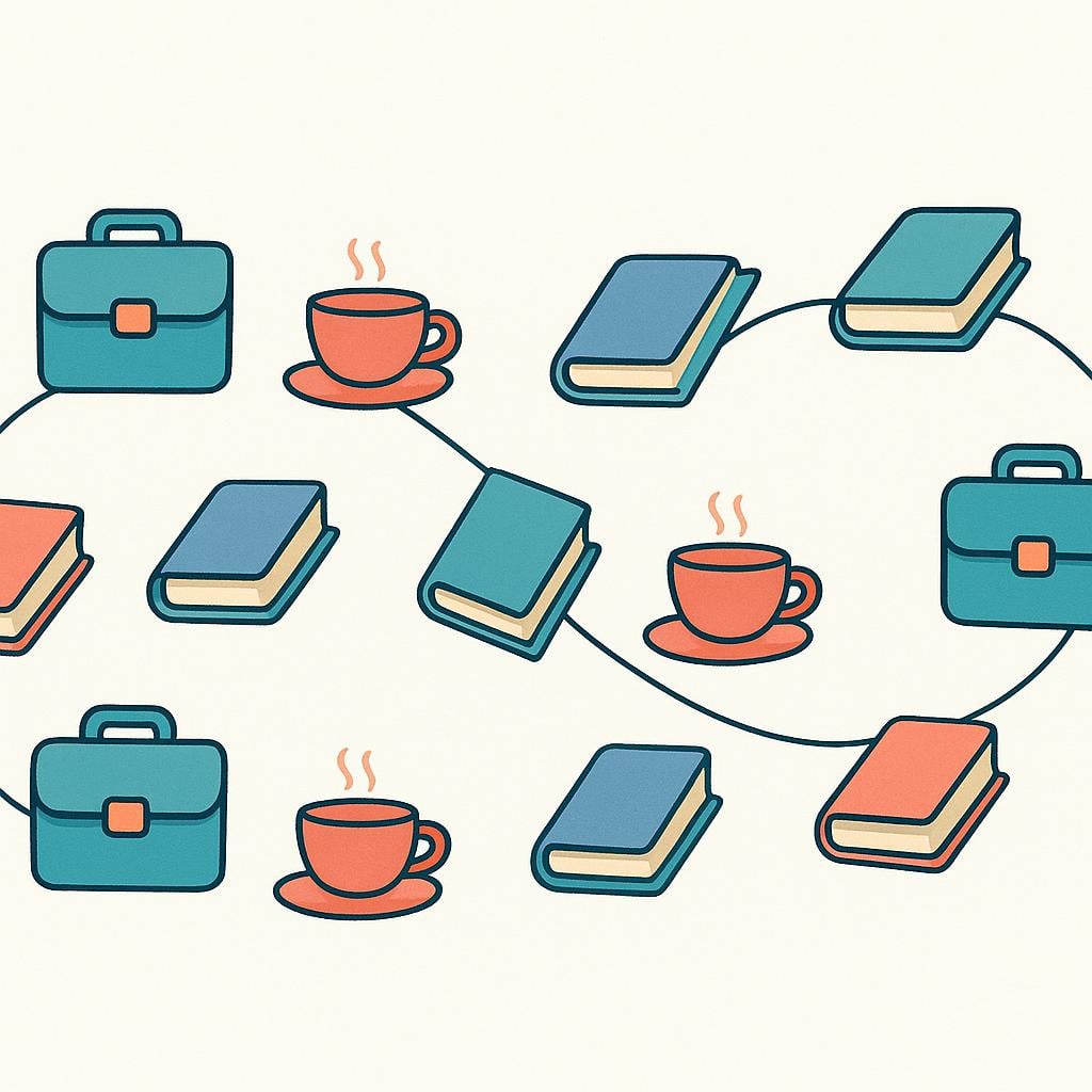 A visual representation of a steady pace, showing a continuous line of diverse, colorful objects (representing work, rest, and leisure) moving smoothly forward.