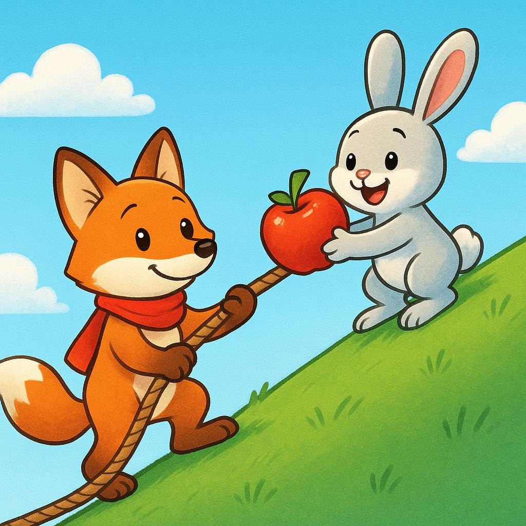 A fox pulls a rabbit up a hill, and the rabbit immediately offers the fox an apple, illustrating a debt of gratitude or obligation.