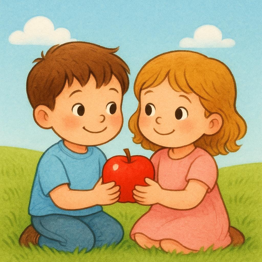 Two small children, a boy and a girl, smiling warmly while sharing a single red apple in a sunny green field, illustrating the term 'darlings' or kind people.