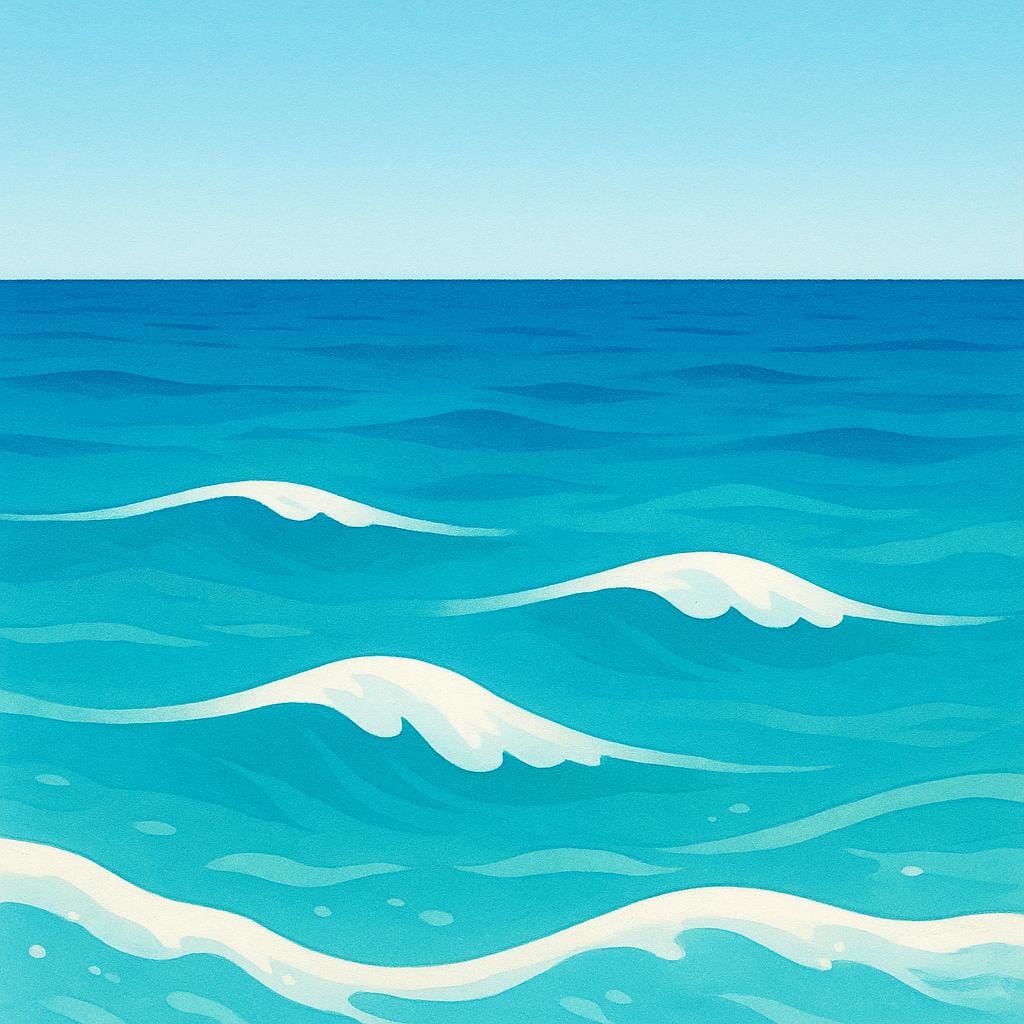 Uma visão simples e expansiva de água azul profunda do oceano encontrando o céu azul claro na linha do horizonte.