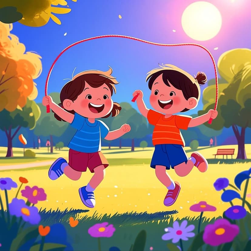 Two cheerful children jumping rope together in a sunny park, illustrating the act of performing a shared activity.