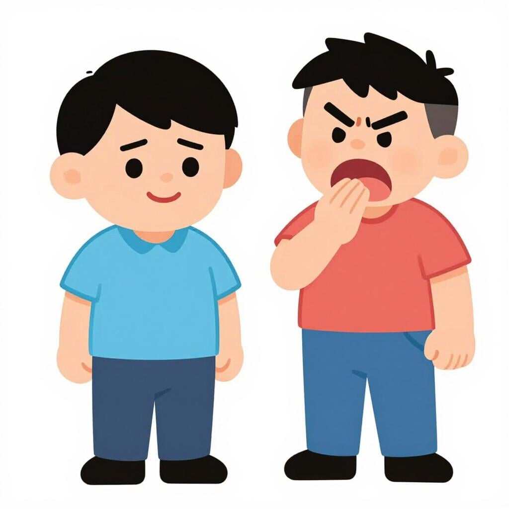 Een persoon met een geforceerde glimlach die een dienblad draagt voor een norse persoon.