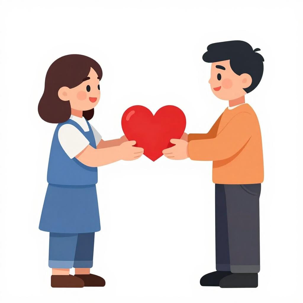 Two people smiling and exchanging identical bright red heart shapes.