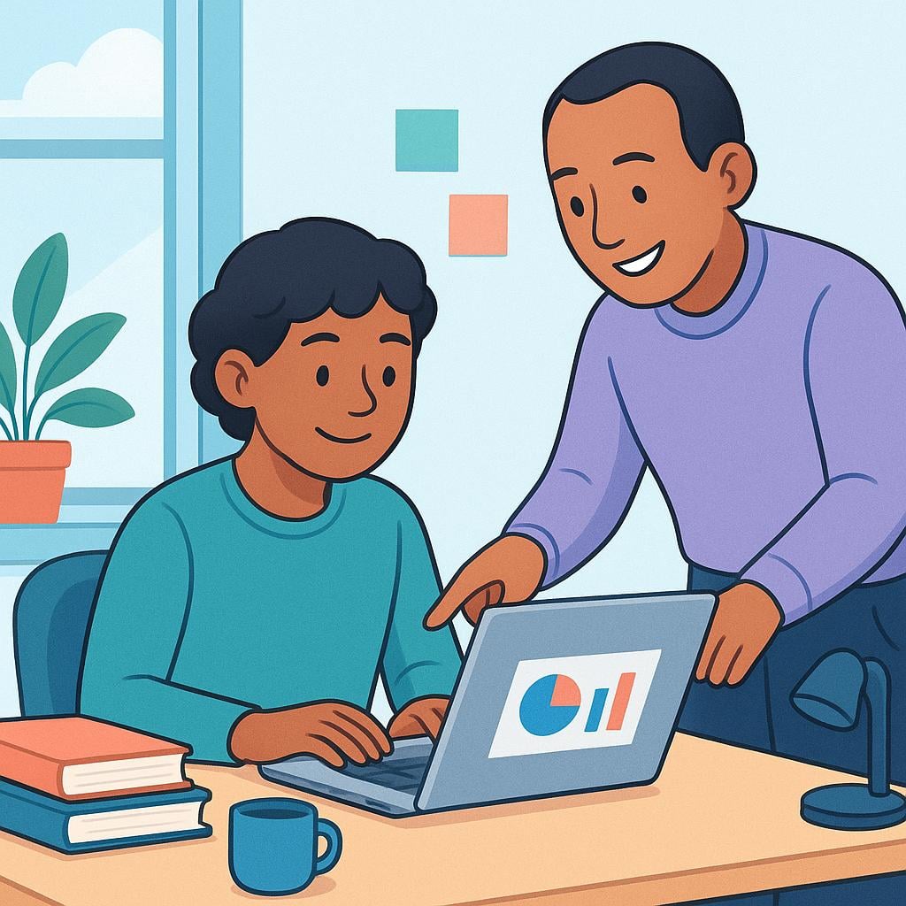 A young student wearing a headset and sitting at a modern office desk with a laptop, learning from a professional mentor.