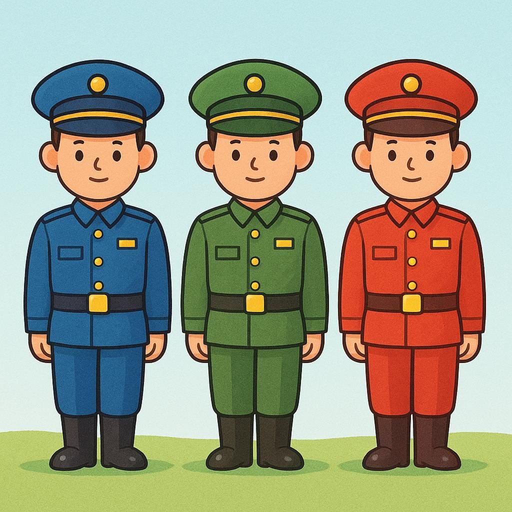 Three uniformed soldiers wearing green uniforms and caps standing side-by-side in a line.