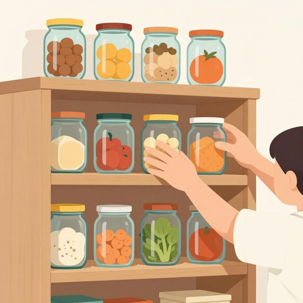 A person filling a pantry shelf with many jars and containers of food.