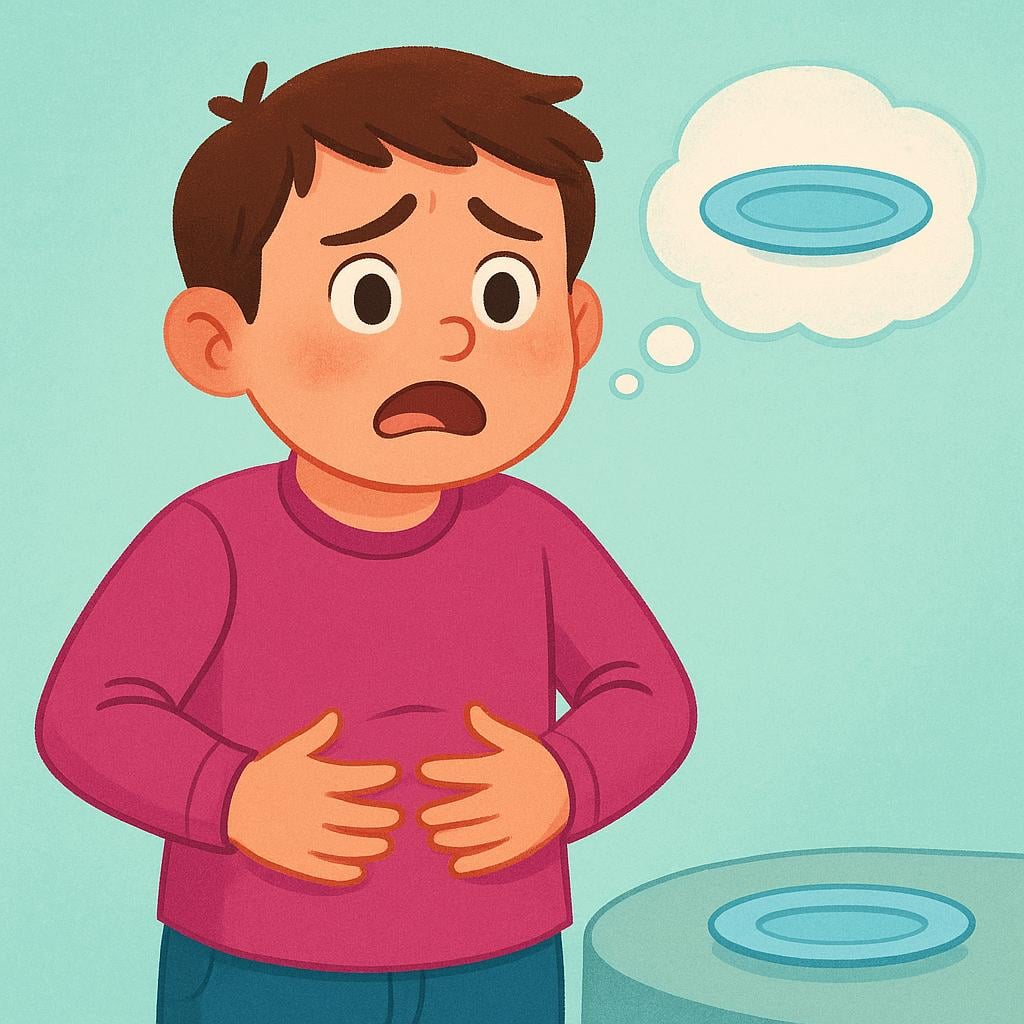 A person dressed in simple clothing rubs their empty stomach with a large, expressive look of hunger on their face.