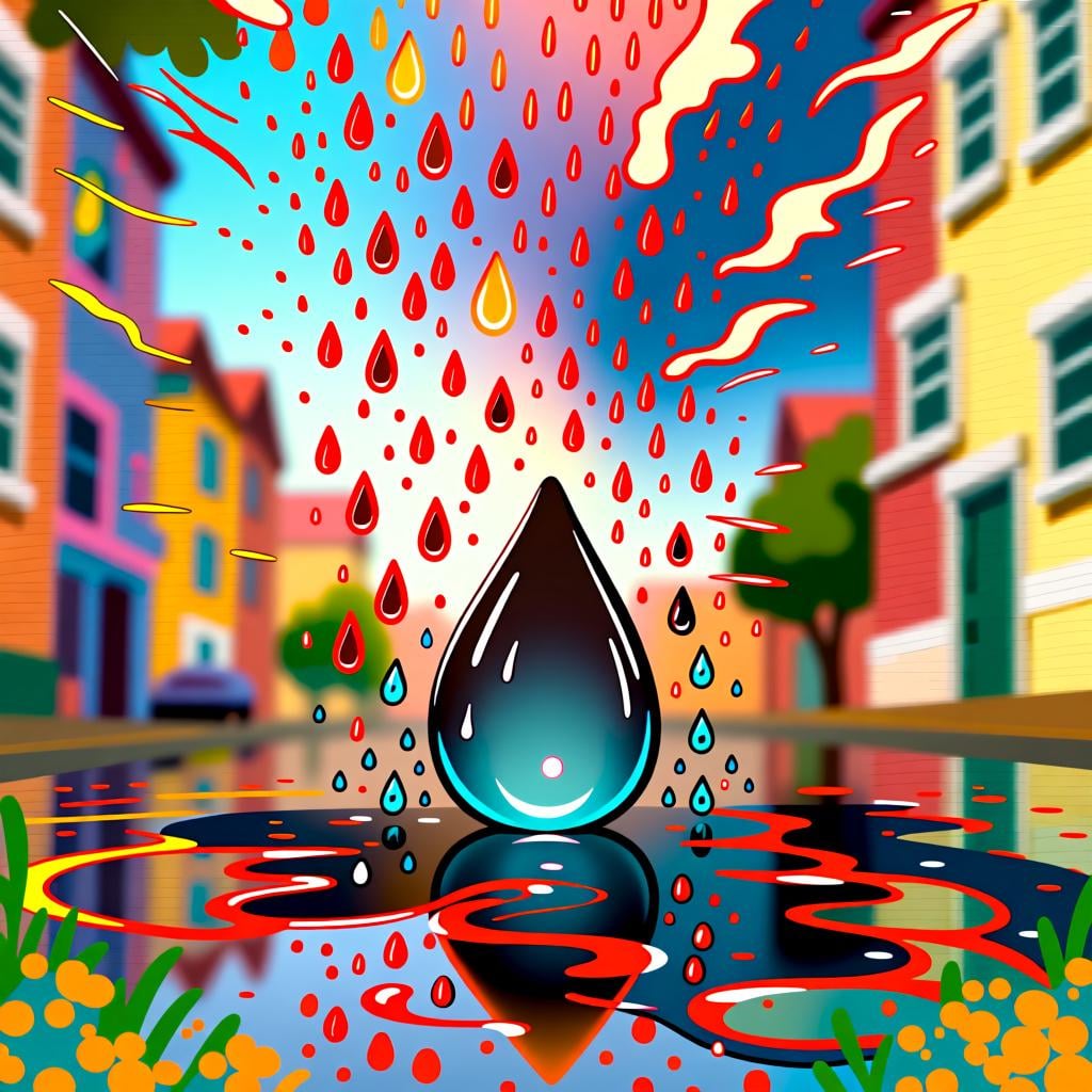 A street scene where heavy rain has just stopped. A rainbow appears over the wet pavement, and the sun breaks through the clouds, illustrating the cessation of an action.